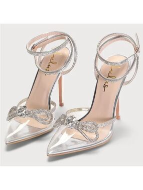 Lulu's Lullie Silver Vinyl Rhinestone Ankle Strap Pointed-Toe Pumps Heels